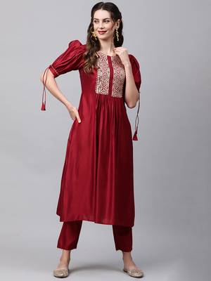 Indo Era Red Solid Straight Kurta Trouser Set 1
