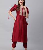 Indo Era Red Solid Straight Kurta Trouser Set
