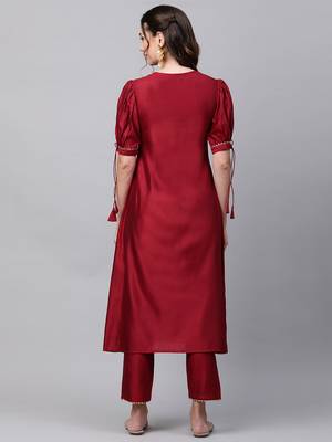 Indo Era Red Solid Straight Kurta Trouser Set 2