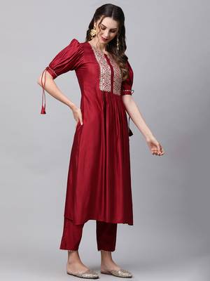 Indo Era Red Solid Straight Kurta Trouser Set 3