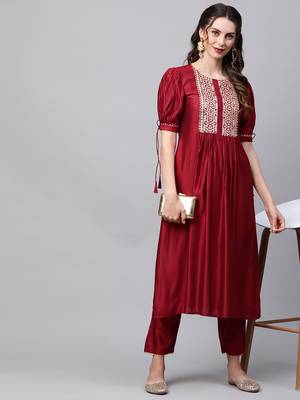 Indo Era Red Solid Straight Kurta Trouser Set 4