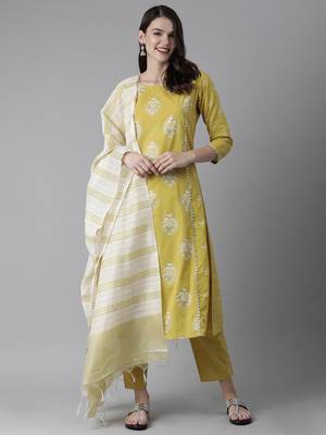 Indo Era Olive Foil Printed Straight Kurta Trouser With Dupatta Set 1