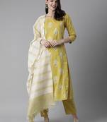 Indo Era Olive Foil Printed Straight Kurta Trouser With Dupatta Set
