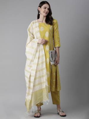 Indo Era Olive Foil Printed Straight Kurta Trouser With Dupatta Set 4
