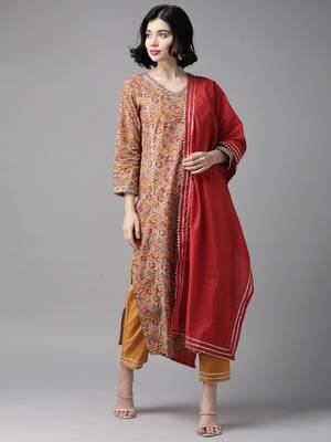 Indo Era Mustard Printed Straight Kurta Palazzo With Dupatta Set 1