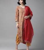 Indo Era Mustard Printed Straight Kurta Palazzo With Dupatta Set