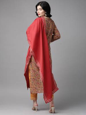 Indo Era Mustard Printed Straight Kurta Palazzo With Dupatta Set 2
