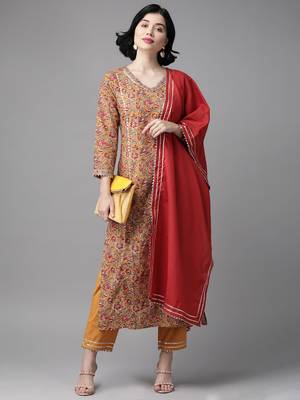 Indo Era Mustard Printed Straight Kurta Palazzo With Dupatta Set 4
