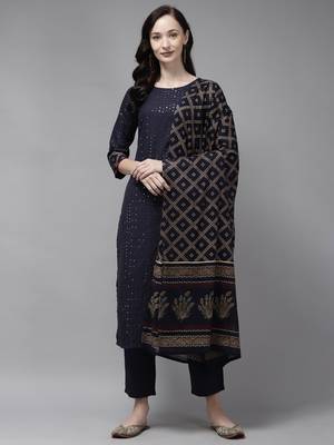Indo Era Navy blue Embroidered Straight Kurta Trouser With Dupatta Set 1