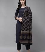 Indo Era Navy blue Embroidered Straight Kurta Trouser With Dupatta Set