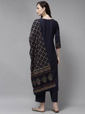 Indo Era Navy blue Embroidered Straight Kurta Trouser With Dupatta Set 2