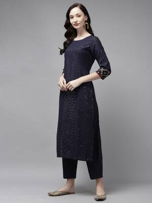 Indo Era Navy blue Embroidered Straight Kurta Trouser With Dupatta Set 3