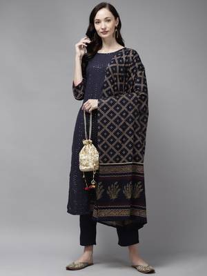 Indo Era Navy blue Embroidered Straight Kurta Trouser With Dupatta Set 4