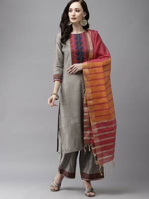 Indo Era Grey Solid  Straight Kurta Palazzo With Dupatta Set 1