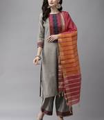 Indo Era Grey Solid  Straight Kurta Palazzo With Dupatta Set