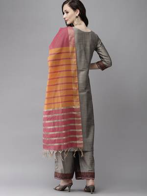 Indo Era Grey Solid  Straight Kurta Palazzo With Dupatta Set 2