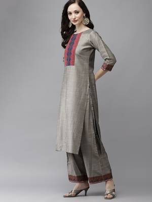 Indo Era Grey Solid  Straight Kurta Palazzo With Dupatta Set 3