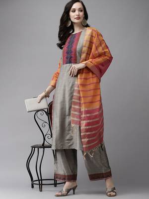 Indo Era Grey Solid  Straight Kurta Palazzo With Dupatta Set 4