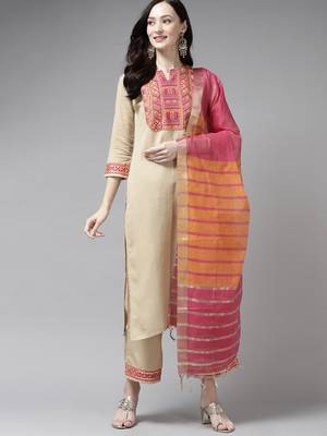 Indo Era Beige Solid Straight Kurta Palazzo With Dupatta Set 1