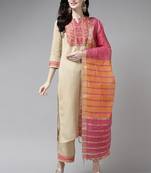 Indo Era Beige Solid Straight Kurta Palazzo With Dupatta Set