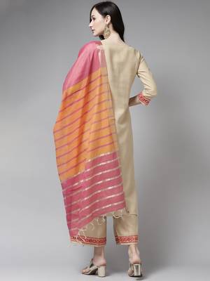 Indo Era Beige Solid Straight Kurta Palazzo With Dupatta Set 2