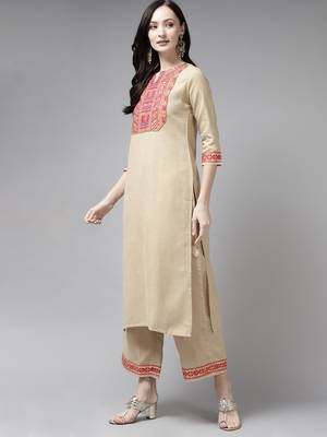 Indo Era Beige Solid Straight Kurta Palazzo With Dupatta Set 3