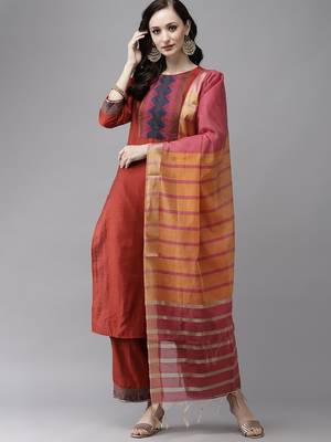 Indo Era Orange Solid Straight Kurta Palazzo With Dupatta Set 1