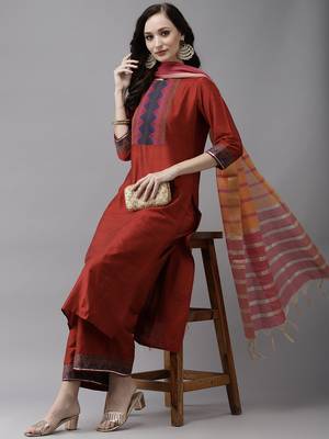 Indo Era Orange Solid Straight Kurta Palazzo With Dupatta Set 4