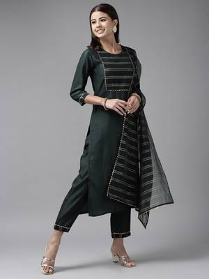Indo Era Green Solid Straight Kurta Trouser With Dupatta Set 1