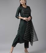 Indo Era Green Solid Straight Kurta Trouser With Dupatta Set