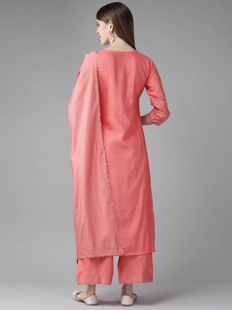 Indo Era Orange Embroidered Straight Kurta Palazzo With Dupatta set