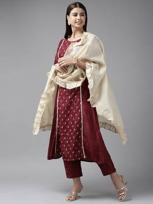 Indo Era Wine Embroidred A - Line Kurta Trouser With Dupatta 1