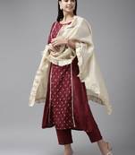Indo Era Wine Embroidred A - Line Kurta Trouser With Dupatta