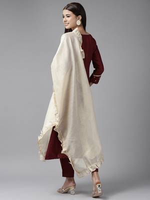 Indo Era Wine Embroidred A - Line Kurta Trouser With Dupatta 2