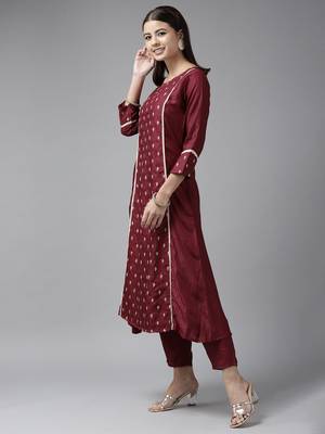 Indo Era Wine Embroidred A - Line Kurta Trouser With Dupatta 3