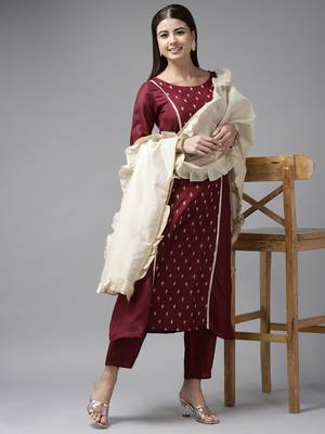 Indo Era Wine Embroidred A - Line Kurta Trouser With Dupatta 4