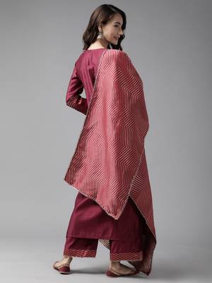 Indo Era Wine Solid Straight Kurta Palazzo With Dupatta Set 2