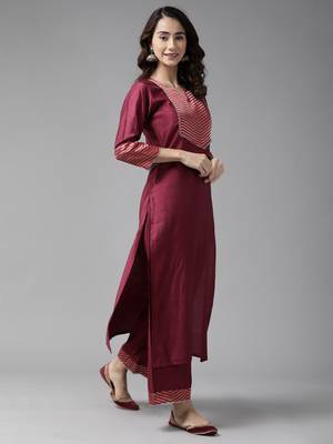 Indo Era Wine Solid Straight Kurta Palazzo With Dupatta Set 3