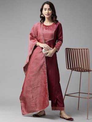 Indo Era Wine Solid Straight Kurta Palazzo With Dupatta Set 4