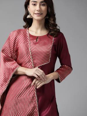 Indo Era Wine Solid Straight Kurta Palazzo With Dupatta Set 5
