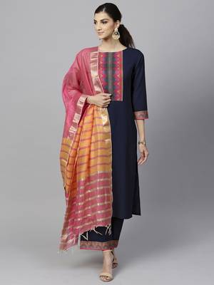 Indo Era Navy Blue Solid Straight Kurta Palazzo With Dupatta Set 1