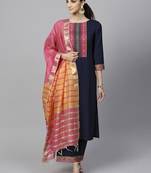 Indo Era Navy Blue Solid Straight Kurta Palazzo With Dupatta Set