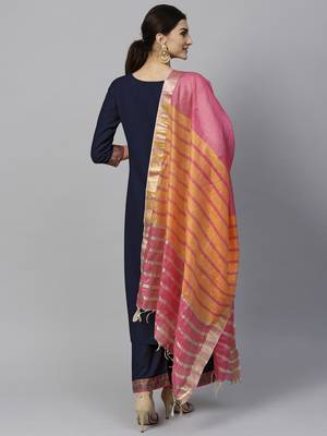 Indo Era Navy Blue Solid Straight Kurta Palazzo With Dupatta Set 2
