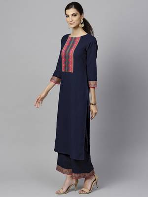 Indo Era Navy Blue Solid Straight Kurta Palazzo With Dupatta Set 3