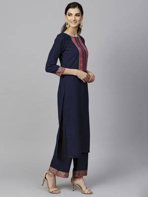 Indo Era Navy Blue Solid Straight Kurta Palazzo With Dupatta Set 4