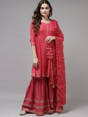 Indo Era Red Solid Angharkha Kurta Trouser With Dupatta Set 1