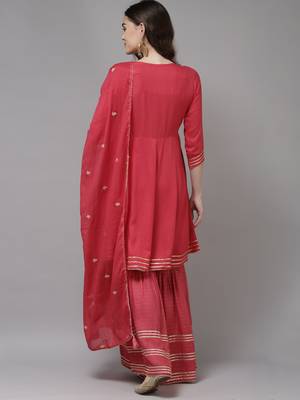 Indo Era Red Solid Angharkha Kurta Trouser With Dupatta Set 2