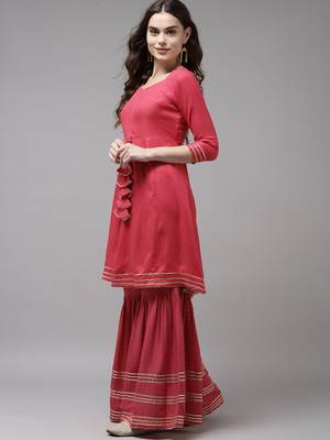 Indo Era Red Solid Angharkha Kurta Trouser With Dupatta Set 3