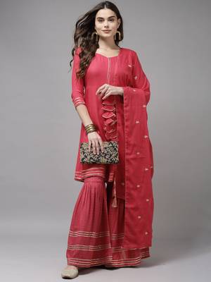 Indo Era Red Solid Angharkha Kurta Trouser With Dupatta Set 4