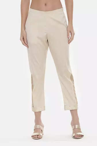 Beige Silk Tappered Pants